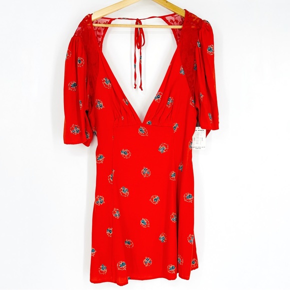 NEW Free People Mockingbird Backless Lace Mini Dress Coral Red Floral Size S - Picture 4 of 12